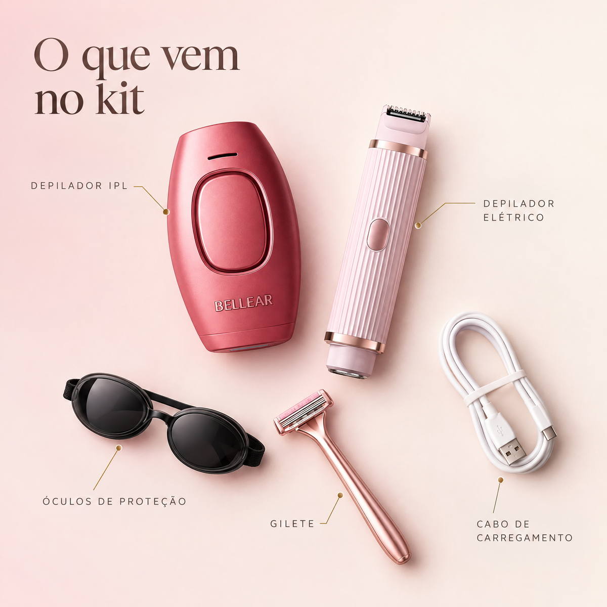 O que vem no kit — depilador IPL, depilador elétrico, óculos de proteção, gilete e cabo de carregamento