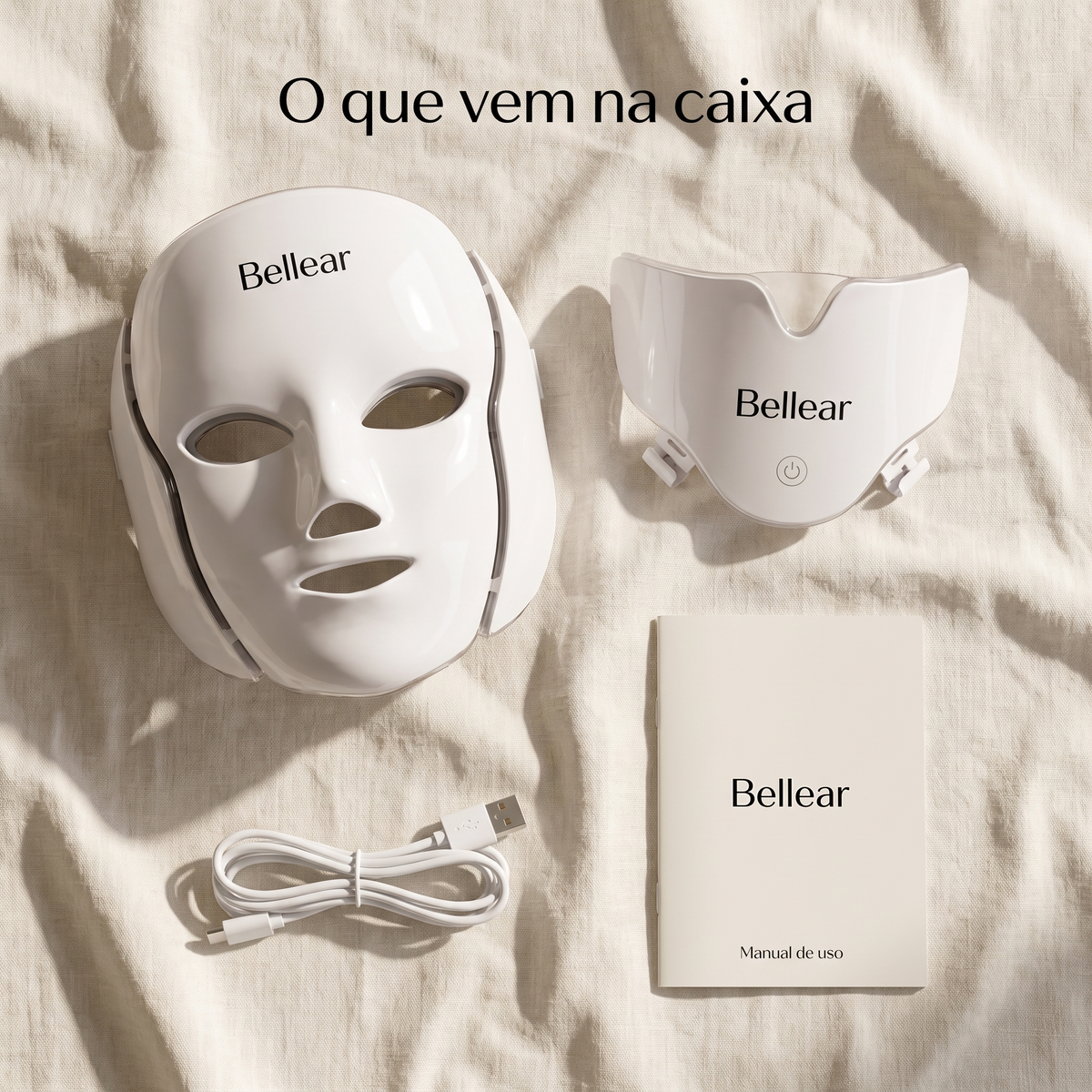 O que vem na caixa: máscara facial, peça de pescoço, cabo USB e manual de uso em português
