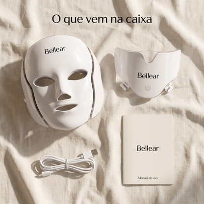 O que vem na caixa: máscara facial, peça de pescoço, cabo USB e manual de uso em português