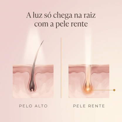 A luz só chega na raiz com a pele rente — corte da pele com pelo alto e com pele rente