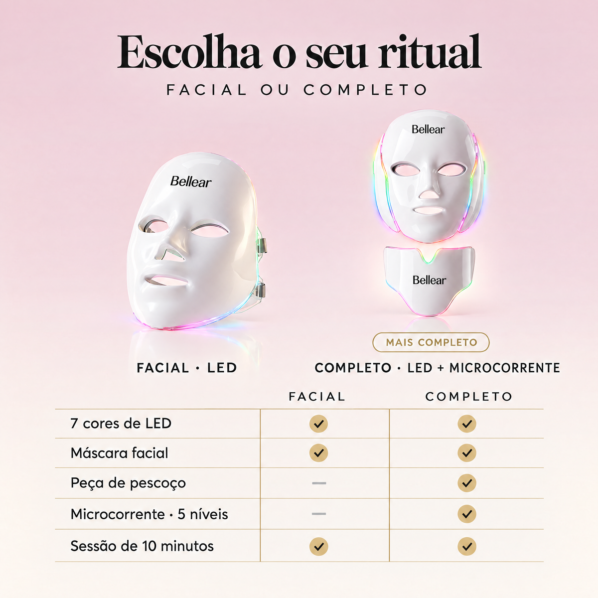 Escolha o seu ritual: LumiLift™ Facial (LED) ou Completo (LED + microcorrente, máscara + peça de pescoço)