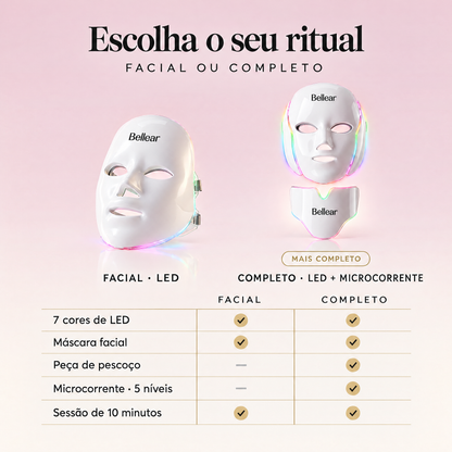 Escolha o seu ritual: LumiLift™ Facial (LED) ou Completo (LED + microcorrente, máscara + peça de pescoço)